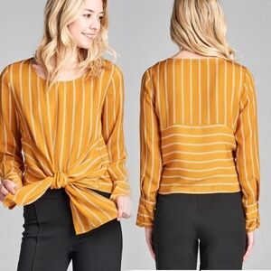 Striped Mustard Yellow Tie-Front Blouse